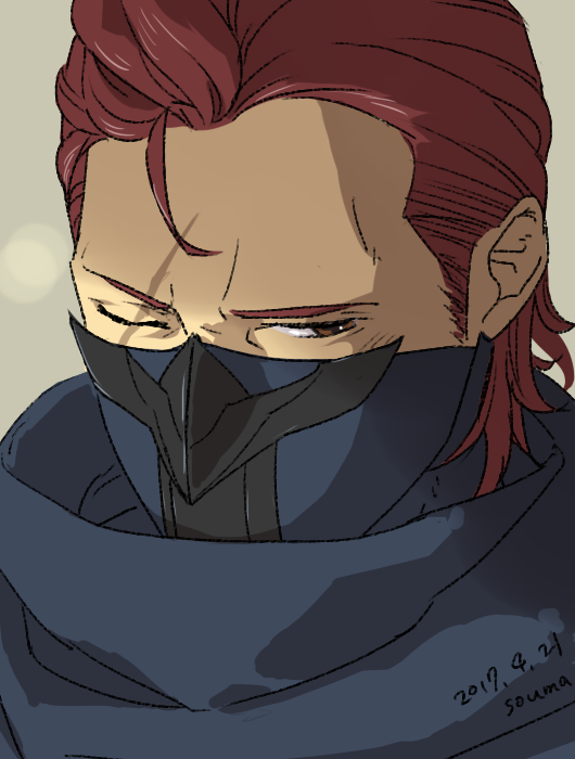 1boy fire_emblem fire_emblem_fates male_focus mask mouth_mask ninja ninja_mask nintendo one_eye_closed portrait red_eyes red_hair saizo_(fire_emblem) scar scar_across_eye scar_on_face sou_ma