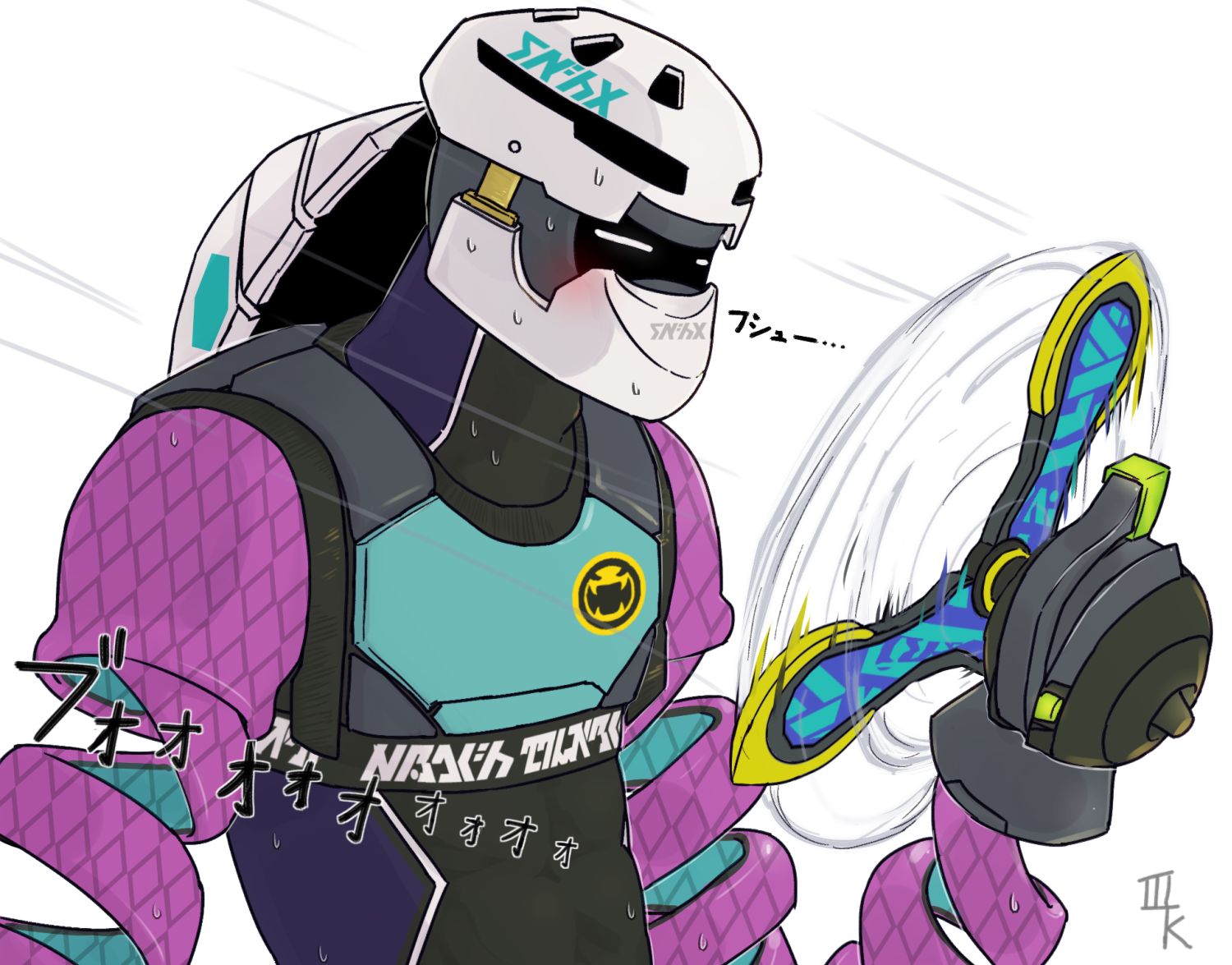 1boy arms_(game) bk_mita blush closed_eyes coolerang_(arms) helmet kid_cobra long_arms male_focus nintendo simple_background sweat upper_body white_background wind