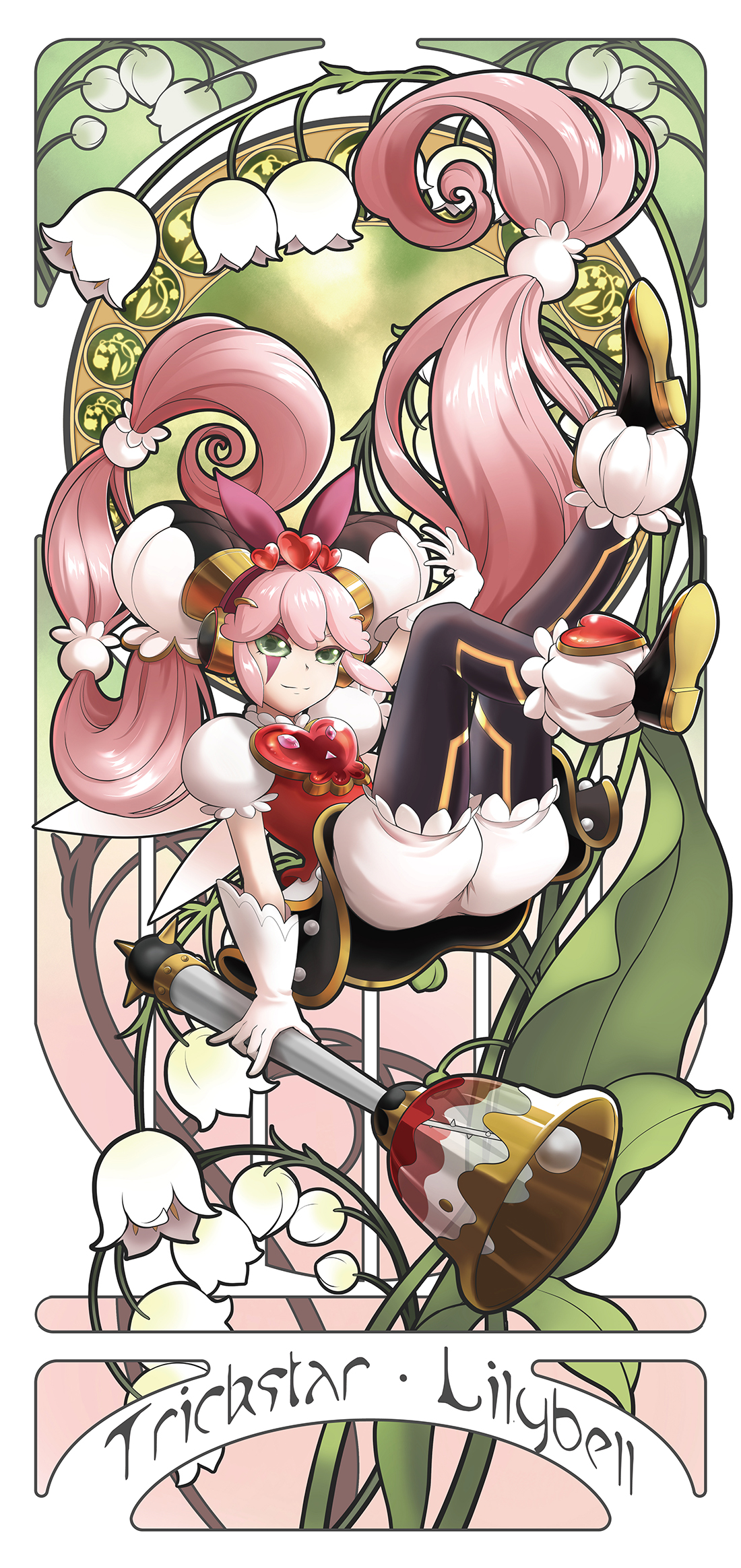 1girl art_nouveau bell black_pantyhose bloomers character_name closed_mouth duel_monster elbow_gloves flower gloves green_eyes hair_ornament headphones highres holding holding_bell idol idol_clothes long_hair pantyhose pink_hair puffy_short_sleeves puffy_sleeves short_sleeves smile solo trickstar_lilybell underwear very_long_hair white_flower white_gloves xix06 yu-gi-oh!