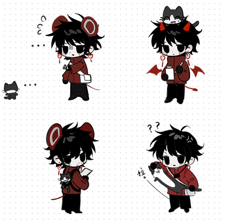 ... 1boy ? ?? animal animal_ears animal_on_head animalization black_eyes black_gloves black_hair black_pants black_shoes cat chinese_commentary chinese_text closed_mouth commentary_request deformed demon_boy demon_tail demon_wings detached_wings earrings expressionless flying_sweatdrops gloves high_collar holding holding_animal holding_notepad horns jewelry jitome kemonomimi_mode li_yuting_(male) long_sleeves male_focus mouse_boy mouse_ears mouse_tail multiple_views notepad nuobeiyhengaoxingrenshini on_head pants parted_lips red_horns red_wings shoes short_hair tail touqi_guaitan translation_request white_background wings ziche_fuzhao