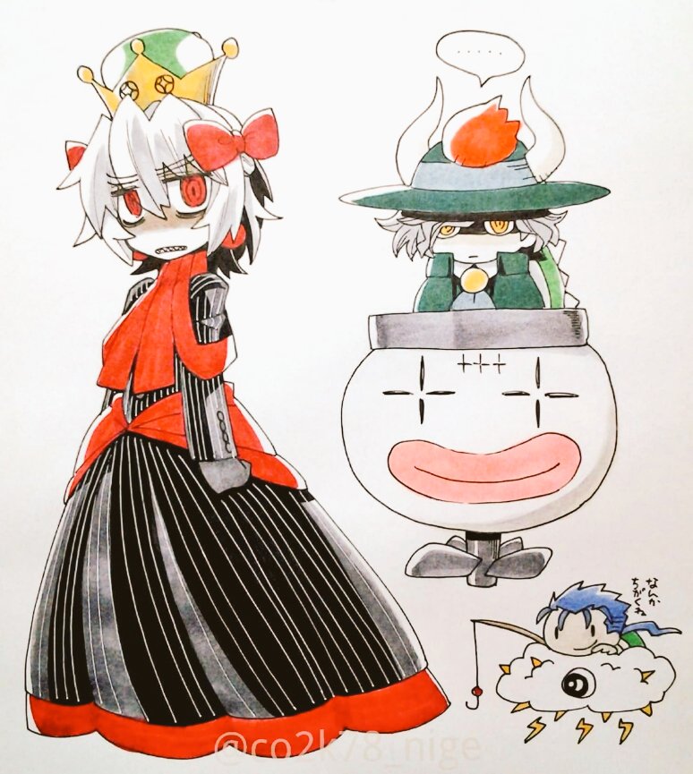 3boys adapted_costume antonio_salieri_(fate) antonio_salieri_(second_ascension)_(fate) arms_at_sides artist_name ascot black_dress blue_hair bow bowser bowser_(cosplay) clenched_teeth cloak cloud cosplay crossdressing crossover cu_chulainn_(fate) dress earrings edmond_dantes_(fate) eyes_visible_through_hair fate/grand_order fate_(series) fedora fishin&#039;_lakitu fishing_rod full_body gloves green_cloak green_hat grey_gloves hair_between_eyes hair_bow hat horns jewelry koopa_clown_car lakitu lakitu&#039;s_cloud lightning_bolt_symbol long_dress long_hair long_sleeves looking_at_viewer male_focus mario_(series) marker_(medium) multiple_boys new_super_mario_bros._u_deluxe nintendo red_ascot red_bow red_eyes ringed_eyes shaded_face sharp_teeth short_hair simple_background striped_clothes striped_dress super_crown super_mario_world teeth touma_rui traditional_media twitter_username vertical-striped_clothes vertical-striped_dress white_hair yellow_eyes