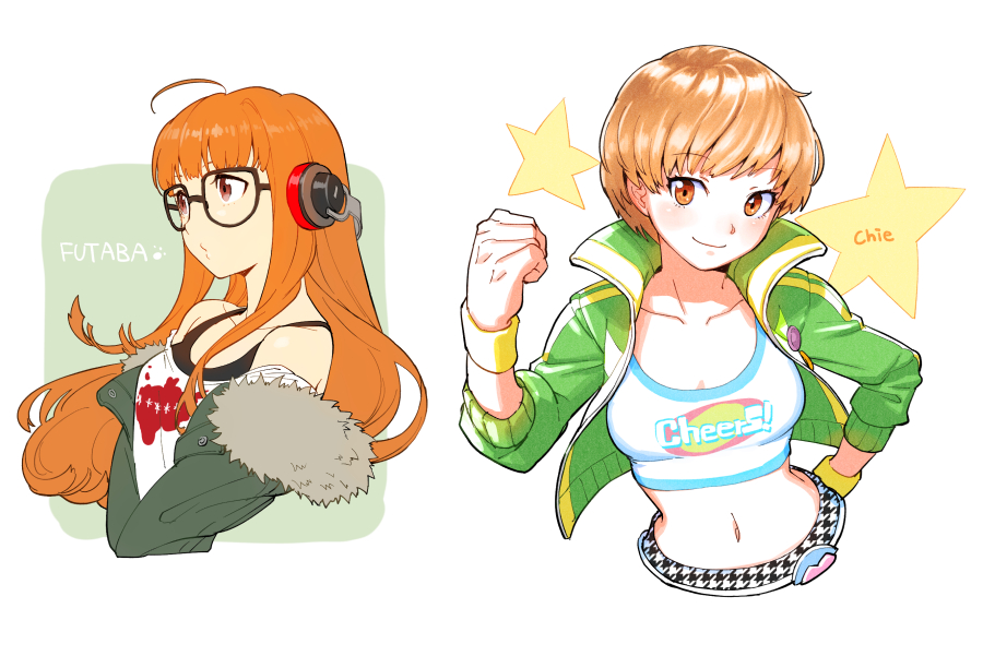 2girls ahoge blunt_bangs breasts character_name cleavage cropped_torso hand_on_own_hip multiple_girls nekobayashi_(nekoforest) off_shoulder persona persona_4 persona_4:_dancing_all_night persona_5 persona_dancing sakura_futaba satonaka_chie simple_background tagme