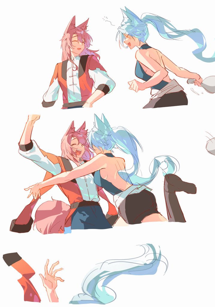 1boy 1girl animal_ears backless_shirt bare_back blue_pants chyucat commentary_request couple feixiao_(honkai:_star_rail) fox fox_boy fox_ears fox_tail glomp green_hair green_shirt happy hetero honkai:_star_rail honkai_(series) hug jacket jiaoqiu_(honkai:_star_rail) long_hair looking_at_another open_mouth outstretched_arms pants pink_hair ponytail red_jacket shirt shorts simple_background sketch spread_arms tail white_background white_shirt