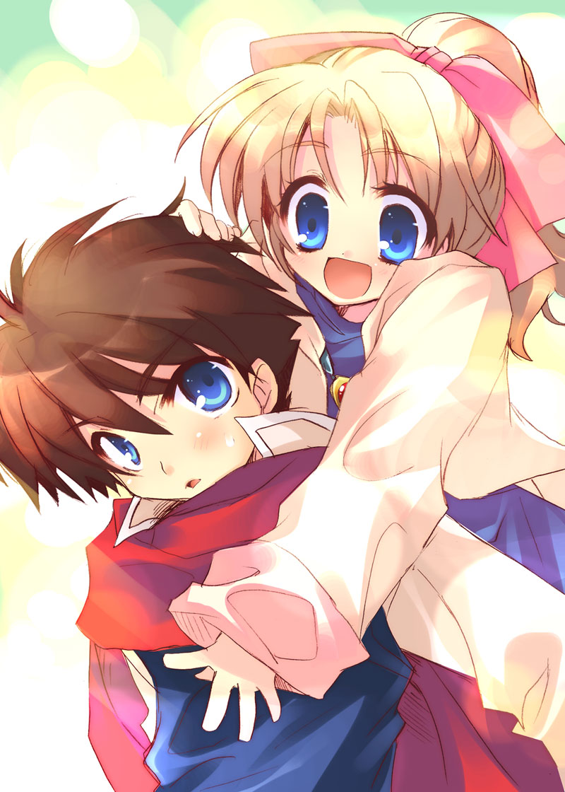 1boy 1girl bartz_klauser blonde_hair blue_dress blue_eyes blue_vest blush brown_hair cape carrying coat commentary_request dress final_fantasy final_fantasy_v hair_ribbon hand_on_another&#039;s_head high_collar izumi_makoto krile_mayer_baldesion_(ff5) long_sleeves looking_down looking_up open_mouth parted_lips piggyback pink_ribbon puffy_long_sleeves puffy_sleeves red_cape ribbon shirt smile sweatdrop upper_body vest white_coat white_shirt