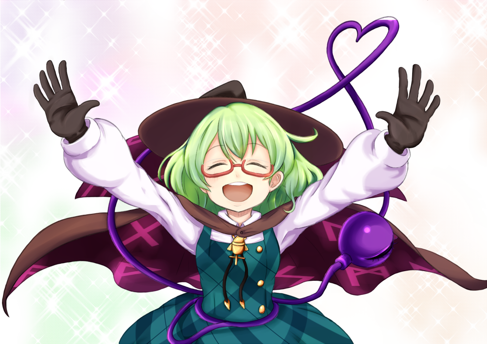 1girl :d ^_^ ajia_(otya3039) bespectacled closed_eyes cosplay glasses gloves gradient_background green_hair hat komeiji_koishi open_mouth red-framed_eyewear shirt short_hair skirt smile third_eye touhou usami_sumireko usami_sumireko_(cosplay) vest