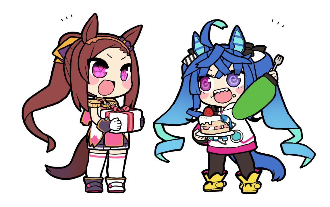 2girls @_@ ahoge animal_ears asymmetrical_footwear asymmetrical_gloves black_pantyhose blue_hair blush_stickers boots box brown_hair cake chibi crossed_bangs epaulettes flower-shaped_pupils food food_on_face full_body gift gift_box gloves hairband horse_ears horse_girl horse_tail jacket long_hair long_sleeves looking_at_another mismatched_footwear mismatched_gloves multiple_girls notice_lines open_mouth pantyhose pink_eyes ponytail purple_eyes sakura_bakushin_o_(umamusume) sharp_teeth simple_background smile standing stuffed_animal stuffed_rabbit stuffed_toy symbol-shaped_pupils tail teeth thighhighs twin_turbo_(umamusume) twintails umamusume ume_(noraneko) upper_teeth_only white_background white_thighhighs yellow_boots
