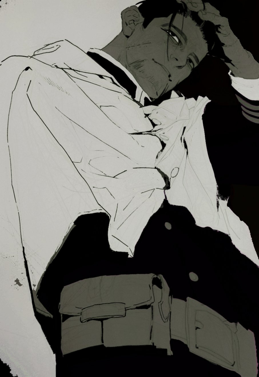 1boy arm_up belt belt_buckle belt_pouch buckle buttons cape cowboy_shot facial_hair facial_scar galeblack golden_kamuy greyscale hair_slicked_back hand_in_own_hair highres layered_sleeves light_smile long_sleeves looking_to_the_side male_focus monochrome ogata_hyakunosuke parted_lips pouch scar scar_on_cheek scar_on_face short_hair short_sideburns sideways_glance solo teeth