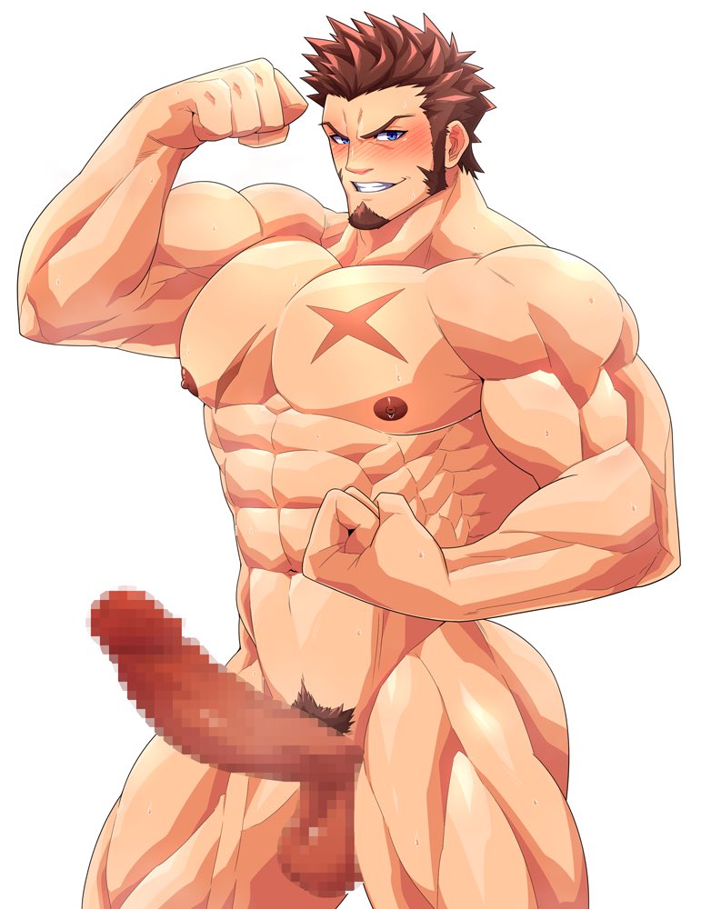 1boy abs bara biceps blue_eyes blush brown_hair censored clenched_hands cowboy_shot erection facial_hair fate/grand_order fate_(series) flexing goatee grin karakuraax large_pectorals large_penis long_sideburns looking_at_viewer male_focus mosaic_censoring muscular muscular_male napoleon_bonaparte_(fate) navel nipples pectorals penis seductive_smile short_hair sideburns simple_background smile solo standing stomach thick_eyebrows thick_thighs thighs tsurime
