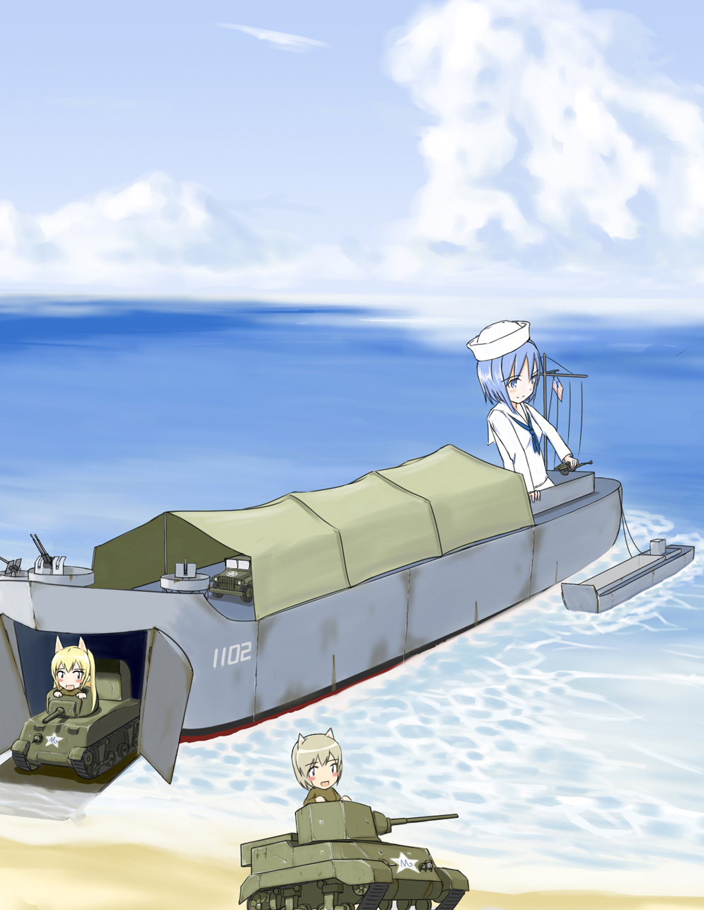 3girls animal_ears beach caterpillar_tracks dixie_cup_hat gun hat highres hu_sea landing_craft long_hair lst m4_sherman m5_stuart mecha_musume medium_tank military military_hat military_jeep military_vehicle motor_vehicle multiple_girls ocean original personification sailor ship short_hair tank uss_chimon vehicle vehicle_and_personification watercraft weapon world_war_ii