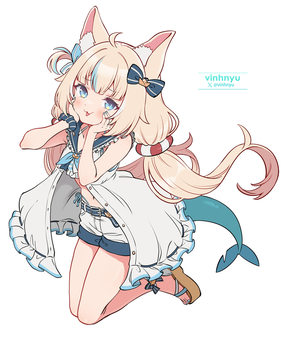 1girl ahoge animal_ear_fluff animal_ears bikini bikini_under_clothes bikini_under_shorts blonde_hair blue_bikini blue_eyes blue_hair blue_sailor_collar cat_ears commentary dress fins fish_girl fish_tail frilled_bikini frilled_shirt_collar frills full_body hands_on_own_cheeks hands_on_own_face highleg highleg_bikini highres indie_virtual_youtuber innertube_hair_ornament lifebuoy_hair_ornament long_hair looking_at_viewer low_twintails multicolored_hair navel one_side_up open_mouth sailor_collar sameko_saba sandals short_shorts shorts side-tie_bikini_bottom simple_background solo streaked_hair swimsuit symbol-only_commentary tail twintails very_long_hair vinhnyu virtual_youtuber white_background white_dress