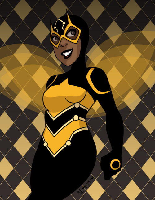1girl argyle_background argyle_clothes bodysuit brown_eyes bumble_bee clenched_hand dark-skinned_female dark_skin dc_comics female_focus flying gloves goggles hood karen_beecher lipstick long_sleeves looking_to_the_side makeup neon_trim smile solo teeth wings young_justice:_invasion
