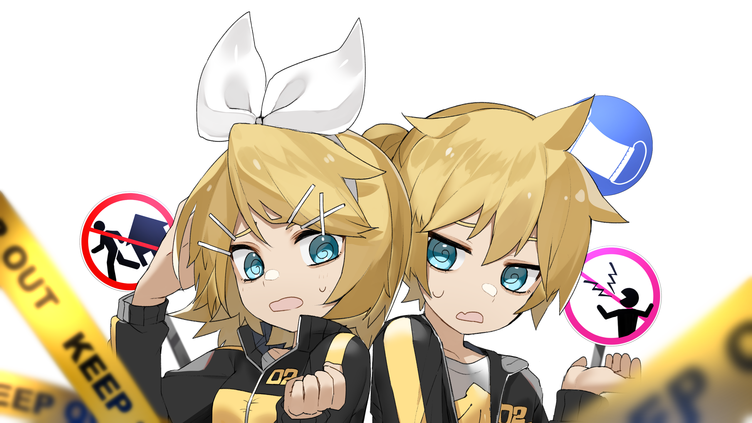 1boy 1girl @_@ black_jacket blonde_hair blue_eyes bow caution_tape fang hair_bow hair_ornament hairband hairclip highres jacket kagamine_len kagamine_rin looking_at_viewer multicolored_jacket open_mouth print_shirt project_diva_(series) reirou_(chokoonnpu) road_sign shirt short_hair siblings sign skin_fang stylish_energy_(module) sweatdrop t-shirt track_jacket transparent_background two-tone_jacket vocaloid white_bow white_hairband yellow_jacket