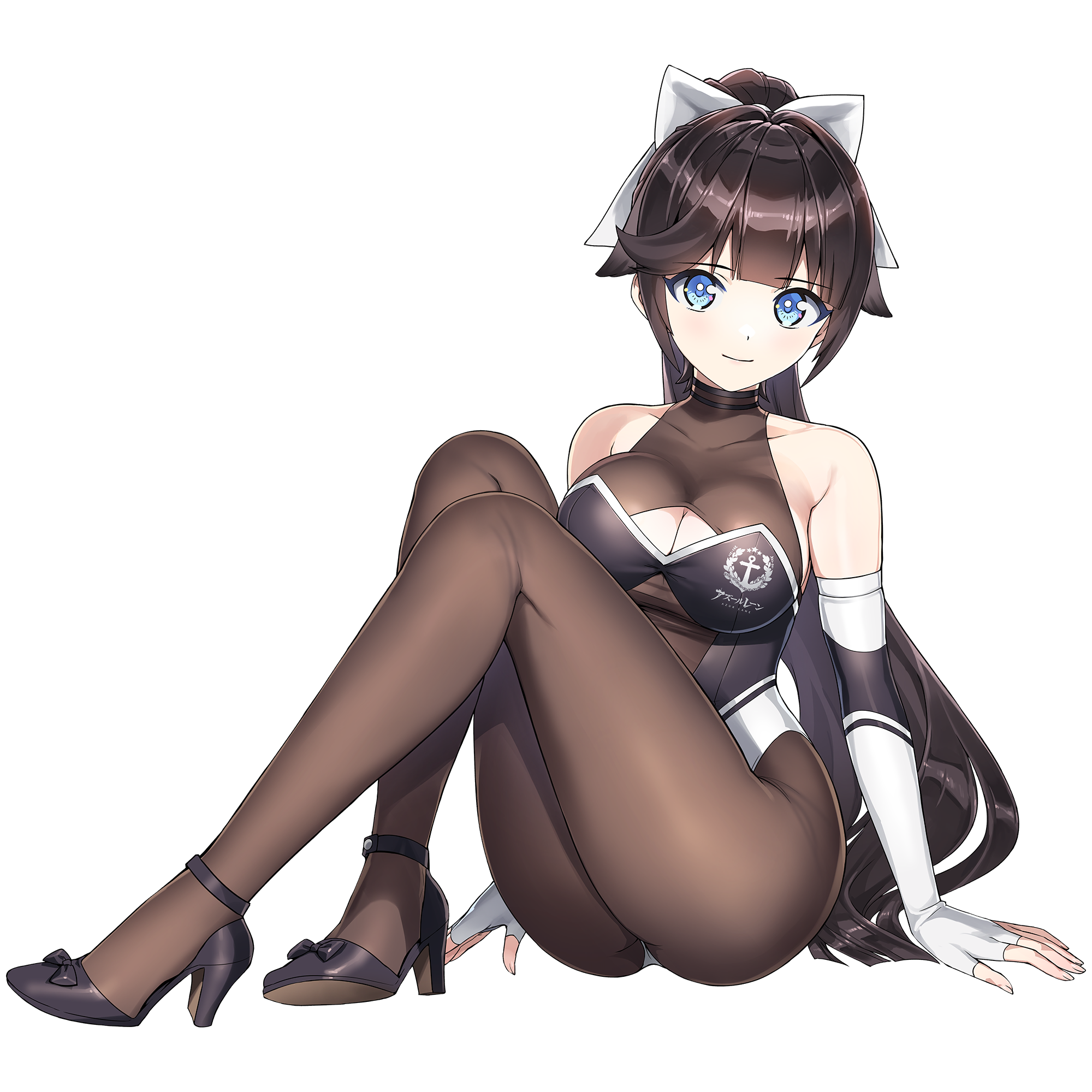 1girl azur_lane bikini black_hair blue_eyes bodystocking bow breasts cleavage cleavage_cutout closed_mouth clothing_cutout cosplay dolphin_wave elbow_gloves fingerless_gloves floppy_ears game_cg gloves high_heels highres leotard long_hair looking_at_viewer medium_breasts multicolored_bikini multicolored_leotard non-web_source official_alternate_costume official_alternate_hairstyle official_art ootomo_takuji pantyhose ponytail race_queen selena_lewis shrug_(clothing) sitting smile solo swimsuit takao_(azur_lane) takao_(azur_lane)_(cosplay) takao_(full_throttle_charmer)_(azur_lane) taut_bodystocking transparent_background two-tone_bikini two-tone_gloves two-tone_leotard white_bow
