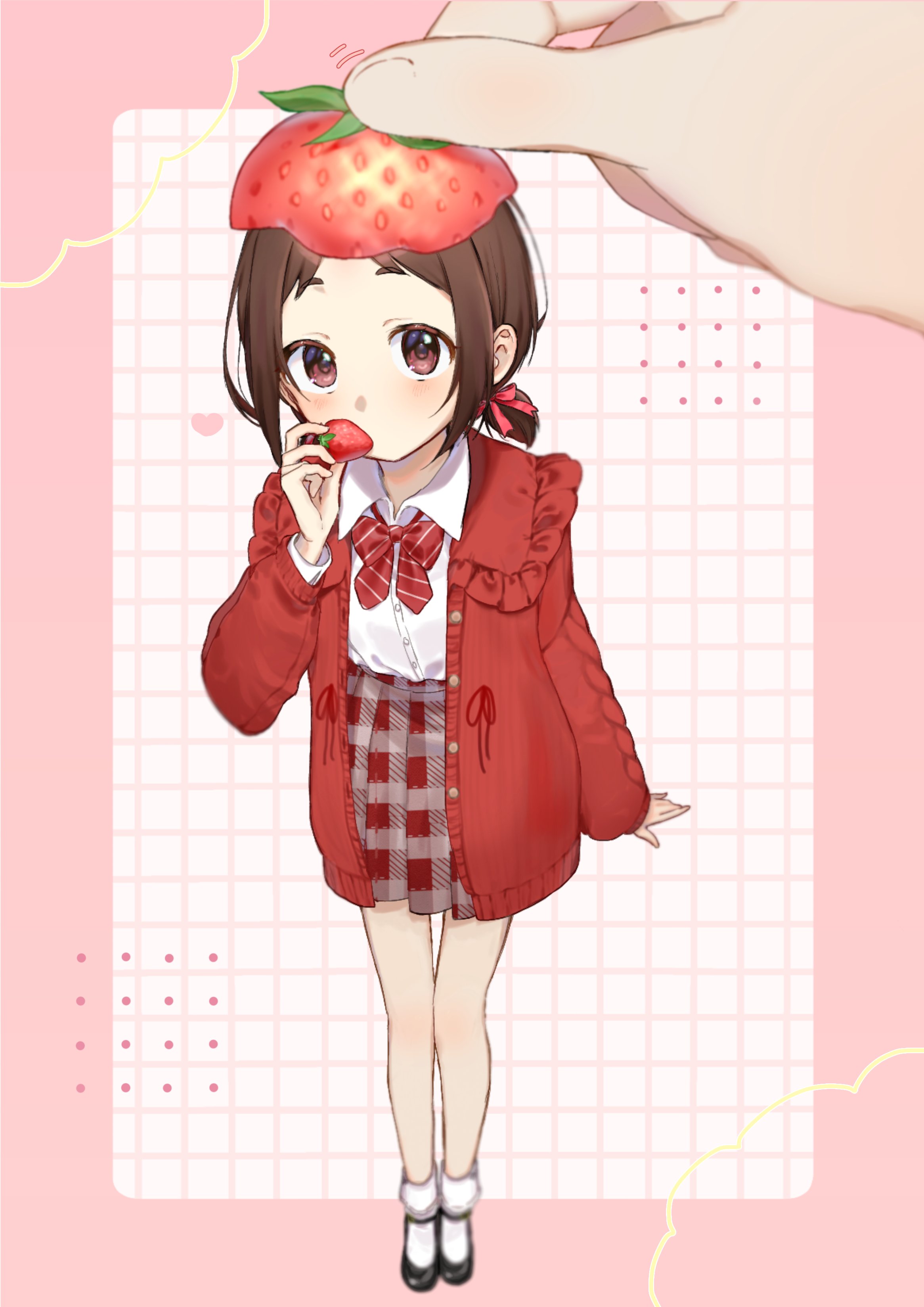 1girl absurdres black_shoes blurry border bow bowtie brown_eyes brown_hair buttons cable_knit cardigan depth_of_field dorsiflexion_(wrist) dress_shirt eyelashes food food_in_mouth food_on_head frilled_cardigan fruit fruit_on_head full_body giant_hand grid_background hair_ribbon heart high-waist_skirt highres holding holding_food holding_fruit idolmaster idolmaster_cinderella_girls idolmaster_cinderella_girls_starlight_stage light_blush long_sleeves looking_at_viewer low_twintails mary_janes medium_hair mini_person minigirl motion_lines muramatsu_sakura object_on_head open_cardigan open_clothes outstretched_hand parted_bangs pink_border plaid_clothes plaid_skirt red_bow red_bowtie red_cardigan red_ribbon red_skirt ribbon shirt shoes short_eyebrows short_twintails sidelocks simple_background skirt socks solo strawberry striped_bow striped_bowtie striped_clothes twintails uyuni_1125 white_background white_shirt white_socks wing_collar