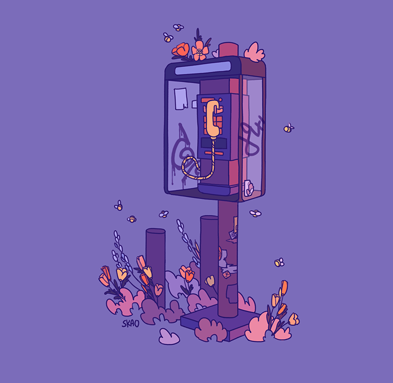 abandoned alternate_colored_grass analogous_colors animal bee blending blue_flower bug commentary corded_phone english_commentary flower flying graffiti grass insect mellific no_humans orange_flower original overgrown payphone phone pink_flower purple_background scenery signature sticker yellow_flower