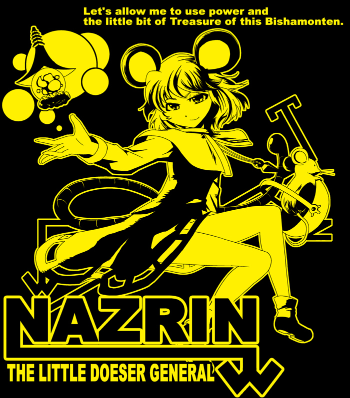 animal_ears basket bishamonten&#039;s_pagoda black_background capelet character_name dowsing_rod floating floating_object holding holding_with_tail invisible_chair jewelry looking_at_viewer monochrome mouse_(animal) mouse_ears mouse_girl mouse_tail nazrin pendant prehensile_tail short_hair sitting smile tail taiman_44_koukei touhou yellow_theme