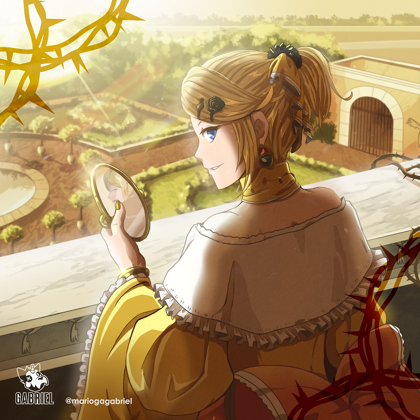 1boy 1girl aku_no_meshitsukai_(vocaloid) aku_no_musume_(vocaloid) allen_avadonia artist_logo back balcony bare_shoulders black_flower black_rose bow bracelet choker commentary detached_collar different_reflection diffraction_spikes dress dress_bow english_commentary evillious_nendaiki flower fountain four_mirrors_of_lucifenia frilled_choker frilled_sleeves frills garden hair_bow hair_ornament hairclip holding holding_mirror jewelry kagamine_len kagamine_rin lens_flare logo long_sleeves looking_at_viewer looking_back mario_gagabriel mirror off-shoulder_dress off_shoulder orange_bow palace palace_of_versailles ponytail reflection riliane_lucifen_d&#039;autriche rose shoulder_blades sideways_glance smile solo_focus thorns twitter_username updo vessel_of_sin vocaloid wide_sleeves yellow_bow yellow_choker yellow_dress yellow_nails