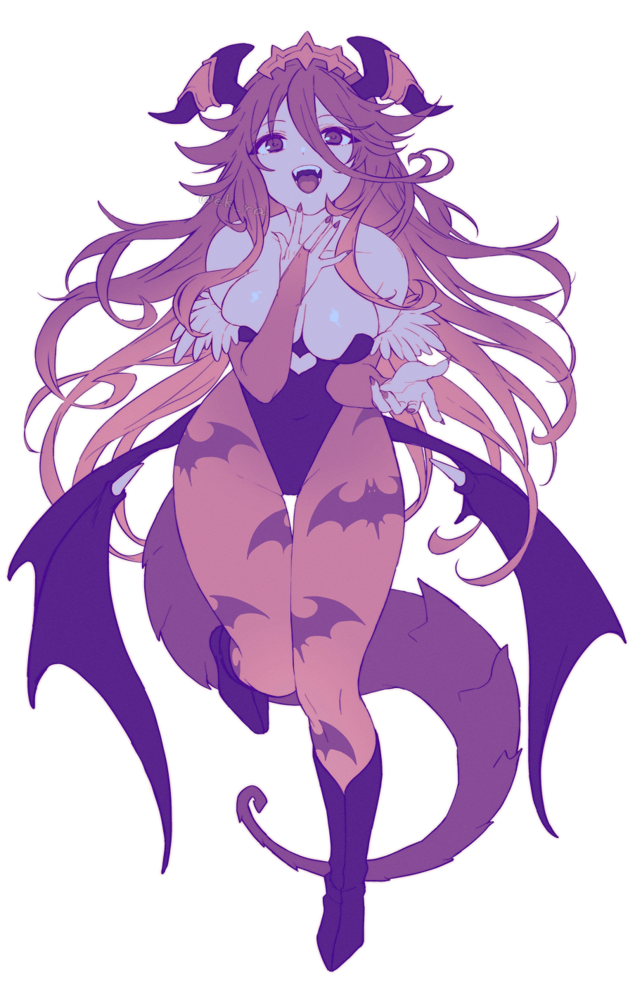 1girl animal_print bare_shoulders bat_print bat_wings breasts cosplay darkstalkers dragalia_lost dragon_girl dragon_horns dragon_tail ekra full_body hair_between_eyes highres horns large_breasts leotard long_bangs long_hair looking_at_viewer low_wings morrigan_aensland morrigan_aensland_(cosplay) mym_(dragalia_lost) nail_polish open_mouth pantyhose solo tail teeth very_long_hair white_background wings