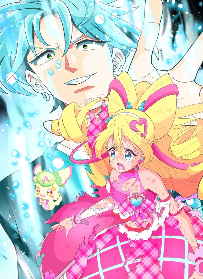 bare_shoulders blonde_hair blood blood_on_face blue_eyes brooch cure_idol dress earrings exhausted frilled_dress frilled_skirt frilled_sleeves frills gingham_skirt gitgjudmgv1ill2 gloves green_eyes green_hair green_shirt hair_ornament hair_ribbon hairpin half_up_hair_twist hand_up headband heart heart-shaped_ornament heart_brooch heart_earrings heart_hair_ornament hibiki_kaito hoop_earrings jewelry kimi_to_idol_precure long_hair long_sleeves open_mouth parted_bangs precure purirun_(precure) ribbon sakura_uta_(precure) scar scar_on_face shirt short_hair skirt surprised torn_clothes very_long_hair white_gloves
