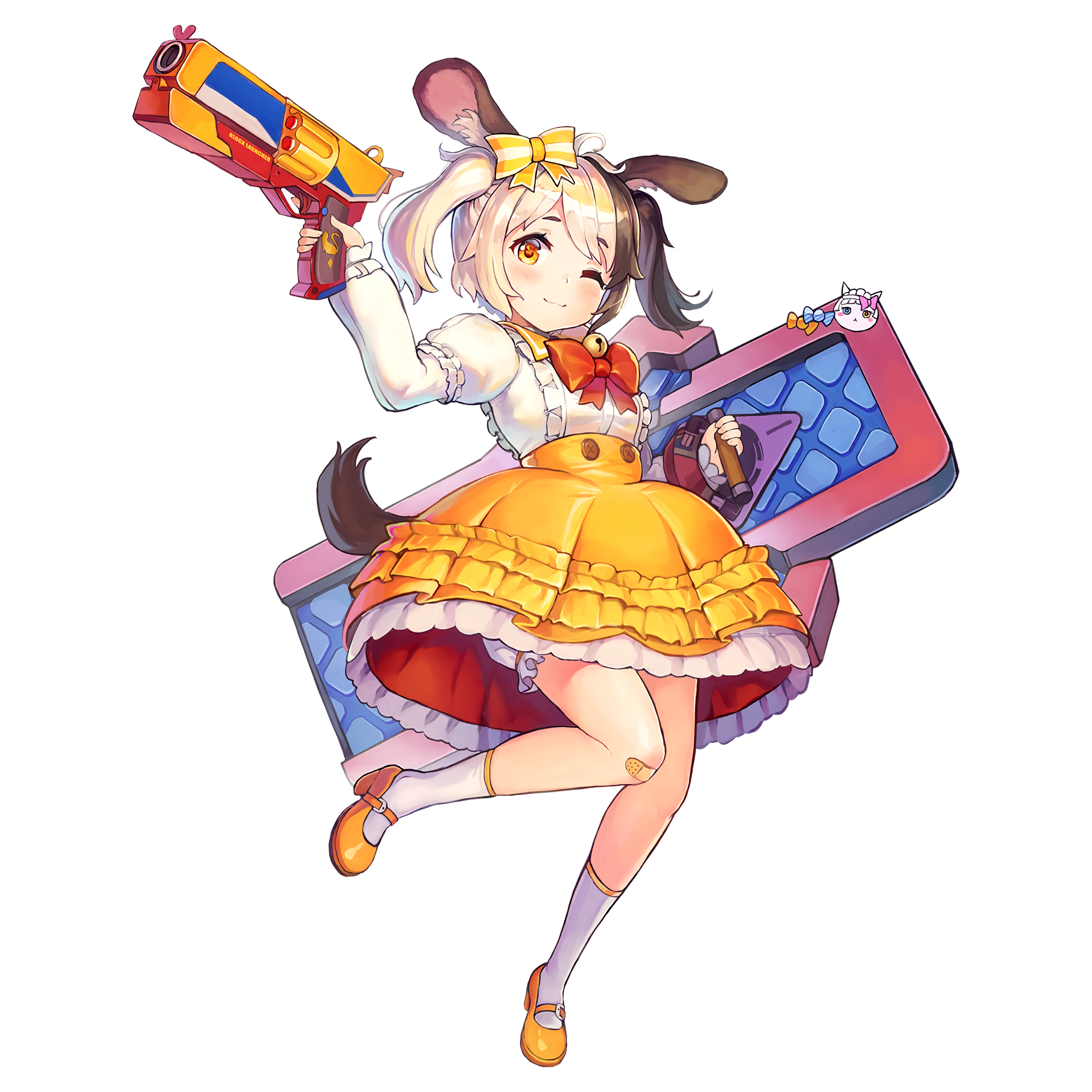 1girl :3 ;3 absurdres aged_down ahoge animal_ear_fluff animal_ears ankle_socks bandaid bandaid_on_knee bandaid_on_leg bell bloomers blush brown_hair bubble_skirt buttons dog_ears dog_girl dog_tail dress english_text frilled_dress frilled_skirt frills full_body game_cg gun hachiko_of_castling hair_ribbon handgun high-waist_skirt highres holding holding_gun holding_shield holding_weapon jingle_bell knees_together_feet_apart last_origin layered_skirt mary_janes miniskirt multicolored_hair official_alternate_costume official_art one_eye_closed orange_eyes paintale puffy_sleeves red_ribbon revolver ribbon shield shoes short_hair short_twintails simple_background skirt smile socks solo standing standing_on_one_leg striped_ribbon tachi-e tail tareme third-party_source transparent_background twintails two-tone_hair underwear weapon white_dress white_hair white_socks yellow_ribbon yellow_shoes yellow_skirt