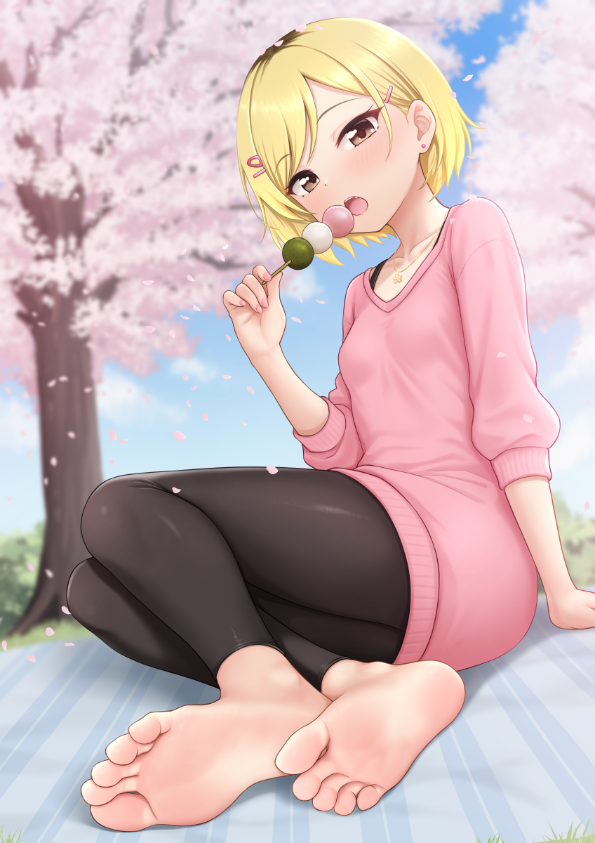 1girl :o ashigaki_reina_(hinosaki) barefoot black_leggings blonde_hair blurry blurry_background breasts brown_eyes cherry_blossoms collarbone commentary dango earrings eating falling_petals fang feet food foot_focus hair_ornament hairclip highres hinosaki holding holding_food jewelry leggings looking_at_viewer necklace open_mouth original outdoors petals pink_nails pink_sweater sanshoku_dango short_hair sitting small_breasts soles solo stud_earrings sweater swept_bangs three-quarter_sleeves toes wagashi