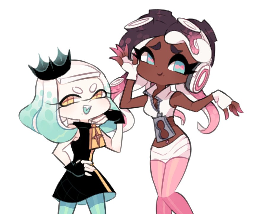 2girls aqua_hair aqua_pantyhose bad_id bad_twitter_id bare_arms bare_shoulders black_crown black_dress black_gloves black_hair blue_eyes blunt_bangs cephalopod_eyes charamells closed_mouth collared_shirt color_switch cowboy_shot crop_top crown dark-skinned_female dark_skin dress eyelashes fang fingerless_gloves gloves gradient_hair hand_in_own_hair hand_on_own_cheek hand_on_own_face hand_on_own_hip heart height_difference high_collar long_hair looking_at_viewer marina_(off_the_hook_outfit)_(splatoon) marina_(splatoon) miniskirt mole mole_under_mouth multicolored_hair multiple_girls navel_piercing nintendo open_mouth pantyhose partially_unzipped pearl_(off_the_hook_outfit)_(splatoon) pearl_(splatoon) piercing pink_hair pink_pantyhose pink_pupils shirt short_dress simple_background skirt sleeveless sleeveless_dress sleeveless_shirt smile splatoon_(series) stomach teeth tentacle_hair turtleneck turtleneck_dress two-sided_dress two-sided_fabric upper_teeth_only white_background white_gloves white_hair white_shirt white_skirt yellow_eyes zipper zipper_pull_tab