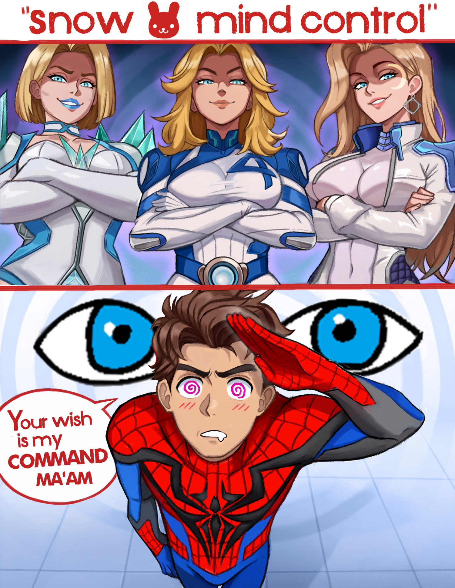 1boy 3girls @_@ blonde_hair blue_eyes blue_lips blush bodysuit breasts color_connection crossed_arms dagger_(marvel) drooling emma_frost fantastic_four hair_color_connection highres hypnosis large_breasts marvel marvel_rivals mature_female mind_control multiple_girls neggoartz peter_parker salute smile smug spider-man spider-man_(series) spider_web_print sue_storm trait_connection x-men you_gonna_get_raped