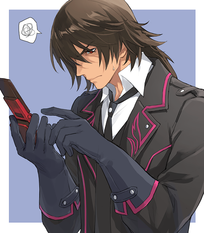 1boy alternate_costume black_hair black_jacket black_necktie blue_background blue_gloves cellphone collared_shirt flip_phone gaius_(tales) gloves hair_between_eyes hair_over_one_eye holding holding_phone isa_(peien516) jacket long_hair long_sleeves male_focus manly necktie open_clothes open_jacket phone ponytail red_eyes shirt solo tales_of_(series) tales_of_xillia tales_of_xillia_2 two-tone_background upper_body white_background white_shirt wing_collar