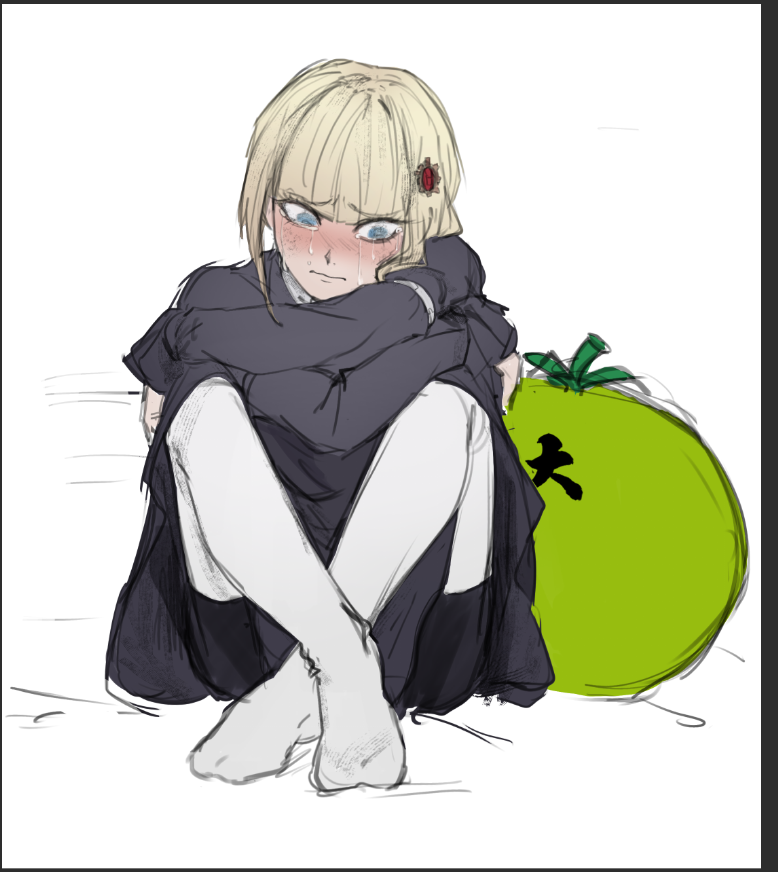 1girl blonde_hair blue_eyes blush closed_mouth crying crying_with_eyes_open female_focus full_body long_sleeves mask oosuzuki_kurara simple_background sitting socks solo solo_focus tears the_hundred_line_-last_defense_academy- tomato unworn_mask white_background white_socks