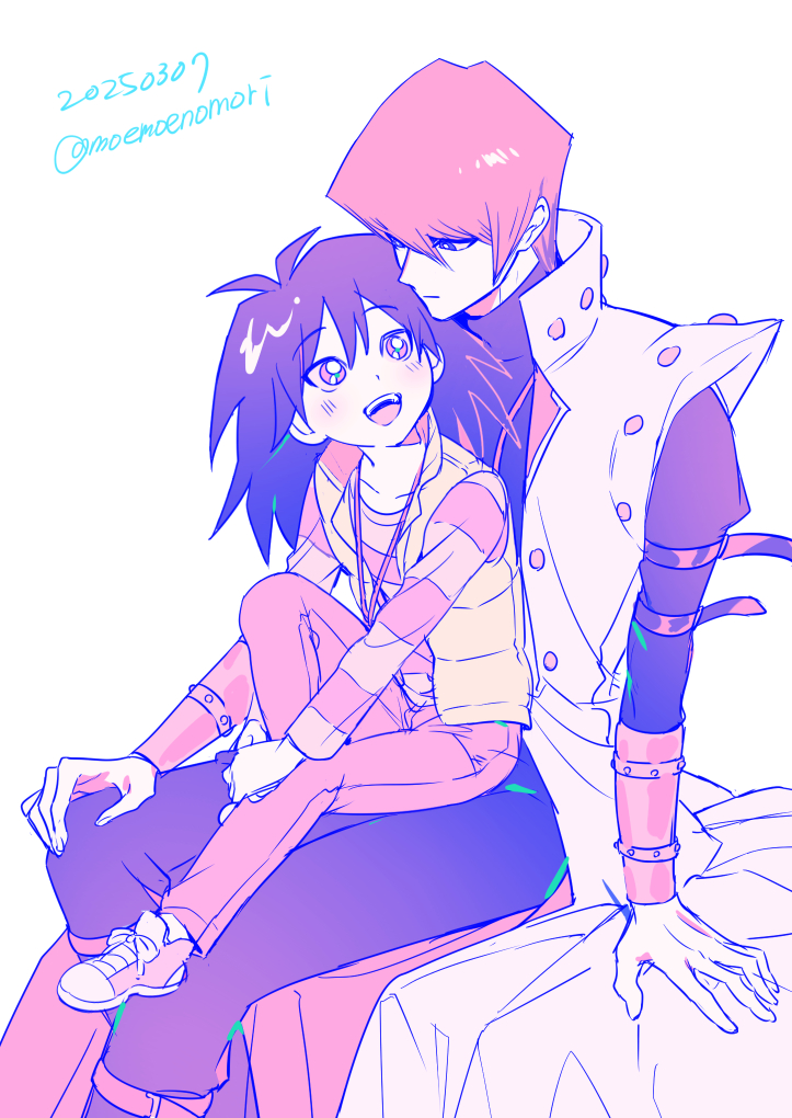 2boys black_coat black_hair black_pants brothers brown_hair card_pendant coat dated kaiba_mokuba kaiba_seto long_hair moemoenomori multiple_boys pants short_hair siblings signature simple_background sitting sitting_on_lap sitting_on_person white_background white_coat yu-gi-oh! yu-gi-oh!_duel_monsters