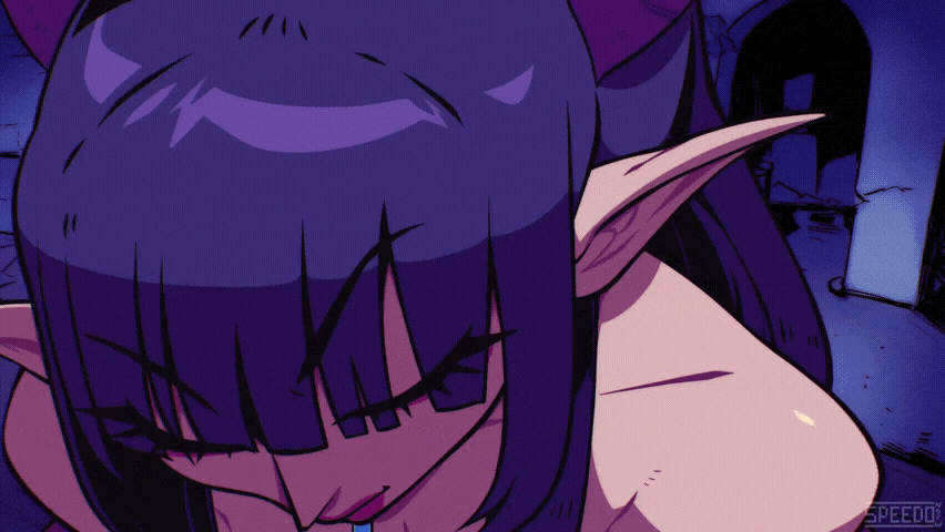 1girl animated animated_gif blue_hair breasts breasts_out clothes_pull crystal dress dress_pull fangs jewelry large_breasts mole mole_on_breast necklace night nipples purple_dress smile solo speedoru undressing