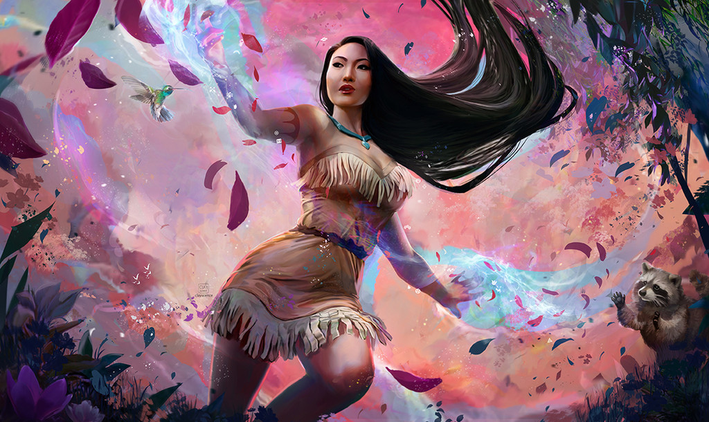 1girl arm_tattoo bird black_hair brown_dress clayscence dark-skinned_female dark_skin dress forest hummingbird jewelry leaf long_hair meeko_(disney) native_american nature necklace pocahontas_(disney) pocahontas_(movie) raccoon solo strapless strapless_dress tattoo