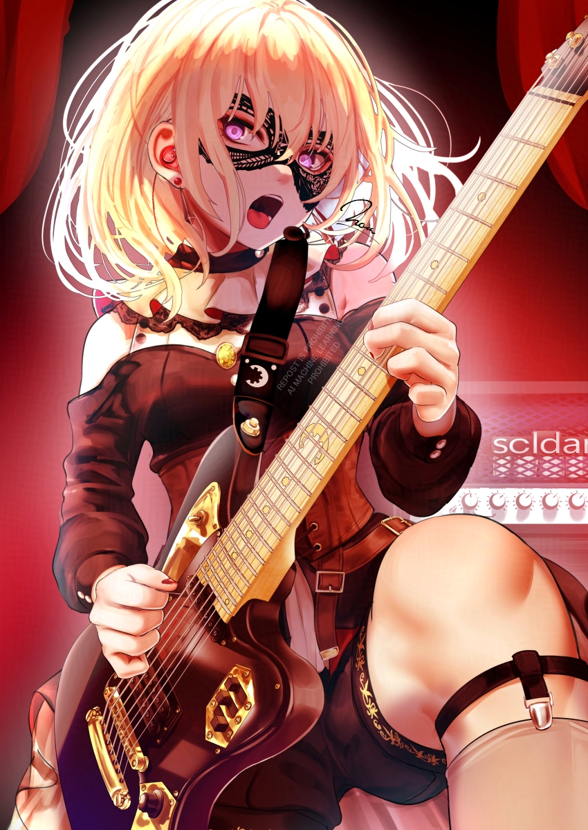 1girl 7-string_guitar amplifier armor bang_dream! bang_dream!_it&#039;s_mygo!!!!! black_dress black_mask black_nails black_shirt blonde_hair brown_corset commentary corset doloris_(bang_dream!) dress electric_guitar extended_range_guitar garter_straps guitar guitar_strap highres holding holding_guitar holding_instrument holding_plectrum in-ear_earphones instrument kneehighs medium_hair misumi_uika nail_polish noir_(nowaru) open_mouth plectrum purple_eyes schecter_guitar shirt shoulder_armor sidelocks socks solo stuffed_toy teeth upper_teeth_only white_socks