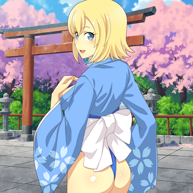 1girl ass ass_focus blonde_hair blue_eyes blue_kimono blue_sky breasts challengia cloud cloudy_sky day japanese_clothes kimono looking_at_viewer looking_back medium_breasts nchans nchans_style obi official_art open_mouth orcaleon sash short_hair sky sunchan torii white_obi