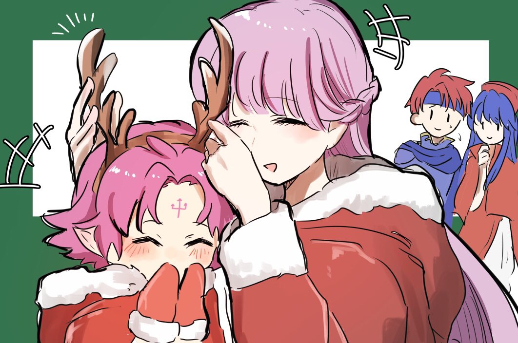 1boy 3girls antlers blue_hair closed_eyes closed_mouth facial_mark fae_(fire_emblem) fire_emblem fire_emblem:_the_binding_blade fire_emblem_heroes forehead_mark fur_trim hat hood hood_down horns hoshigaki_(hsa16g) lilina_(fire_emblem) long_hair long_sleeves mittens multiple_girls nintendo open_mouth pointy_ears purple_hair red_hair red_hat red_mittens reindeer_antlers roy_(fire_emblem) short_hair sophia_(fire_emblem)