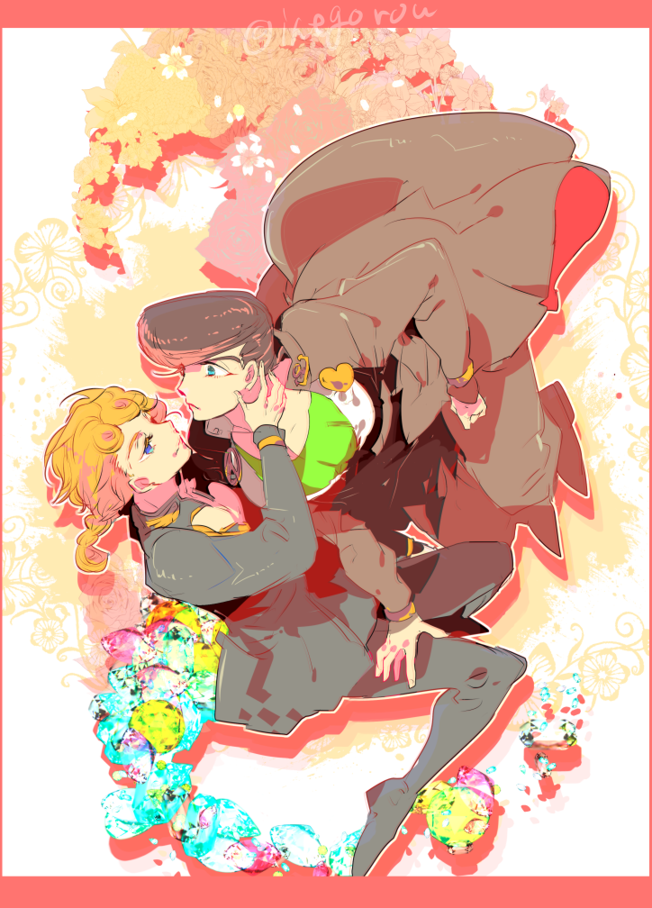 2boys black_hair blonde_hair blue_eyes braid bug diamond_wa_kudakenai floating gakuran giorno_giovanna higashikata_josuke insect jojo_no_kimyou_na_bouken ladybug long_coat male_focus multiple_boys pompadour sadahara_inako school_uniform vento_aureo