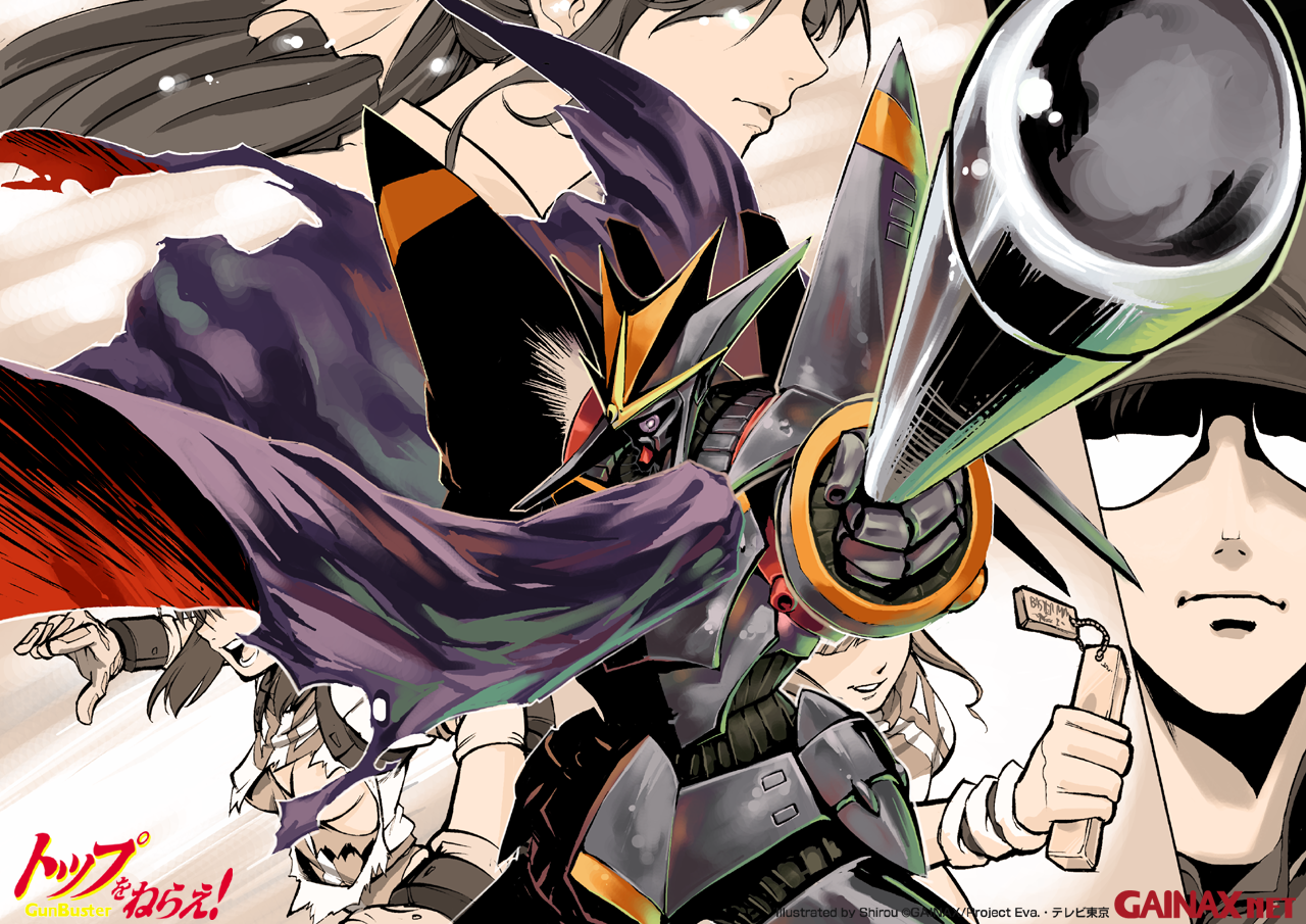 1boy 2girls amano_kazumi baseball_bat cloak foreshortening gainaxtop gunbuster koichiro_ohta mecha multiple_girls official_art oota_kouichirou robot sunglasses super_robot takaya_noriko tears top_wo_nerae! top_wo_nerae!_(series) torn_clothes