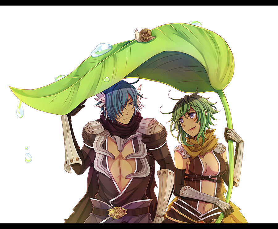 1boy 1girl armor assassin_cross_(ragnarok_online) black_gloves black_leotard black_shirt blue_hair blush breasts closed_mouth commentary elbow_gloves english_commentary expressionless gloves green_hair leaf_umbrella leotard letterboxed looking_at_another looking_to_the_side medium_breasts navel open_mouth pauldrons purple_eyes ragnarok_online revealing_clothes rinslette scarf shirt short_hair shoulder_armor simple_background smile snail torn_clothes torn_scarf upper_body vambraces water_drop white_background