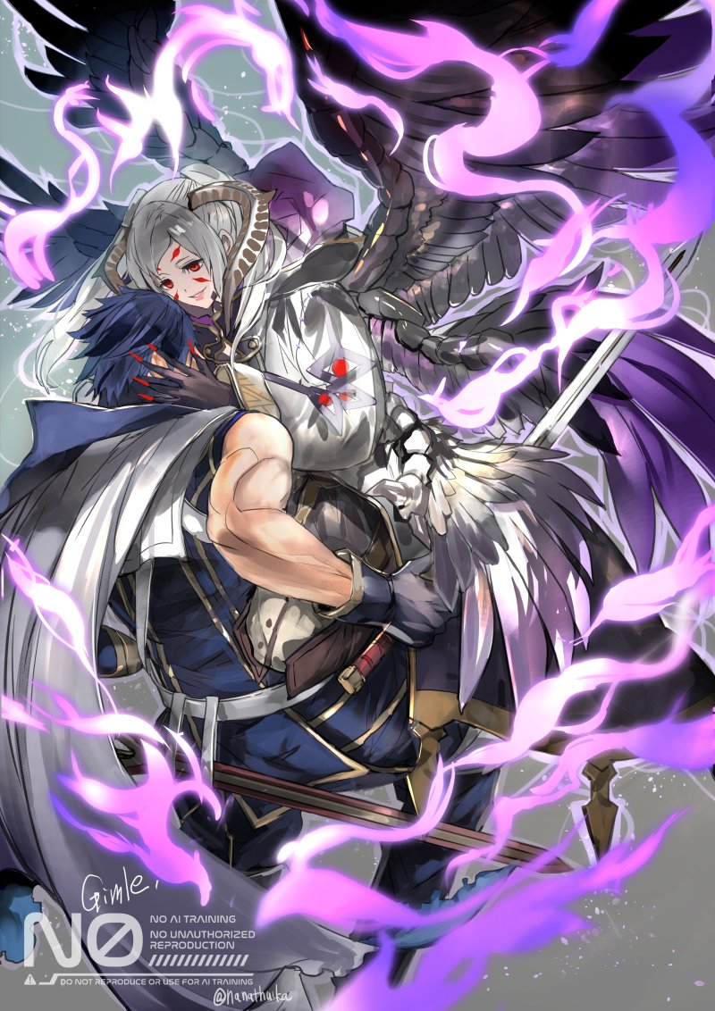 1boy 1girl aura blue_hair cape chrom_(fire_emblem) coat dark_aura dark_persona dragon_horns evil_smile eyes_of_grima falchion_(fire_emblem) feathered_wings female_robin_(fire_emblem) female_robin_(grima)_(fire_emblem) female_robin_(grima)_(tyrant_of_despair)_(fire_emblem) fire_emblem fire_emblem_awakening fire_emblem_heroes hand_tattoo hands_on_another&#039;s_face holding holding_sword holding_weapon hood hooded_coat horns multiple_wings nanathuika nintendo official_alternate_costume possessed short_hair single_sleeve smile sword tattoo twintails weapon white_hair wings