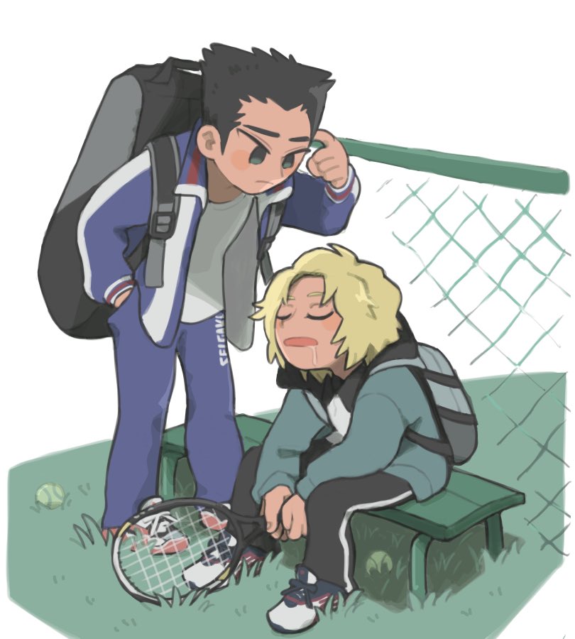 2boys akutagawa_jirou aqua_eyes backpack bag black_eyes black_hair blonde_hair blue_jacket blue_pants commentary_request drooling fence flattop frown hand_in_pocket holding_tennis_racket jacket kinni male_focus momoshiro_takeshi multiple_boys open_mouth pants shirt shoes sleeping sleeping_upright sneakers tennis_no_ouji-sama track_pants white_shirt