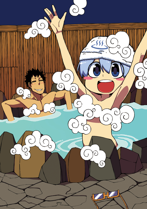 1boy 1girl armpits arms_up bad_id bad_pixiv_id bare_shoulders black_hair blue_eyes blue_hair blush blush_stickers censored closed_eyes cloud convenient_censoring densetsu_kyoudai densetsu_kyoudai! drooling glasses kashiwagi_deshiko kashiwagi_kizuna midriff mixed-sex_bathing night onsen open_mouth outstretched_arms outstretched_hand rock saliva shared_bathing sitting smile spiked_hair standing steam steam_censor tan teeth towel water yaza