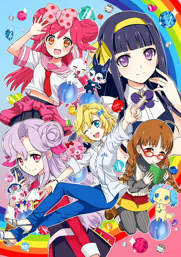 5girls black_hair black_skirt blonde_hair blue_eyes blue_pants book bow brown_eyes brown_hair brown_skirt card caron_(lady_jewelpet) clothes_around_waist commentary_request creature elena_(lady_jewelpet) garnet_(jewelpet) gem glasses grey_legwear grey_sweater hair_bow hair_ornament hairband hairclip jewelpet_(series) kiryuu_aoko lady_jewelpet lilian_(lady_jewelpet) luea_(jewelpet) mizuki_(lady_jewelpet) momona multiple_girls pants pink_eyes pink_hair pink_sweater purple_eyes purple_hair rainbow reading red-framed_eyewear rosa_(jewelpet) ruby_(jewelpet) sapphie_(jewelpet) shirt skirt sweater sweater_around_waist tarot tarot_card thighhighs vest white_shirt white_vest yellow_hairband