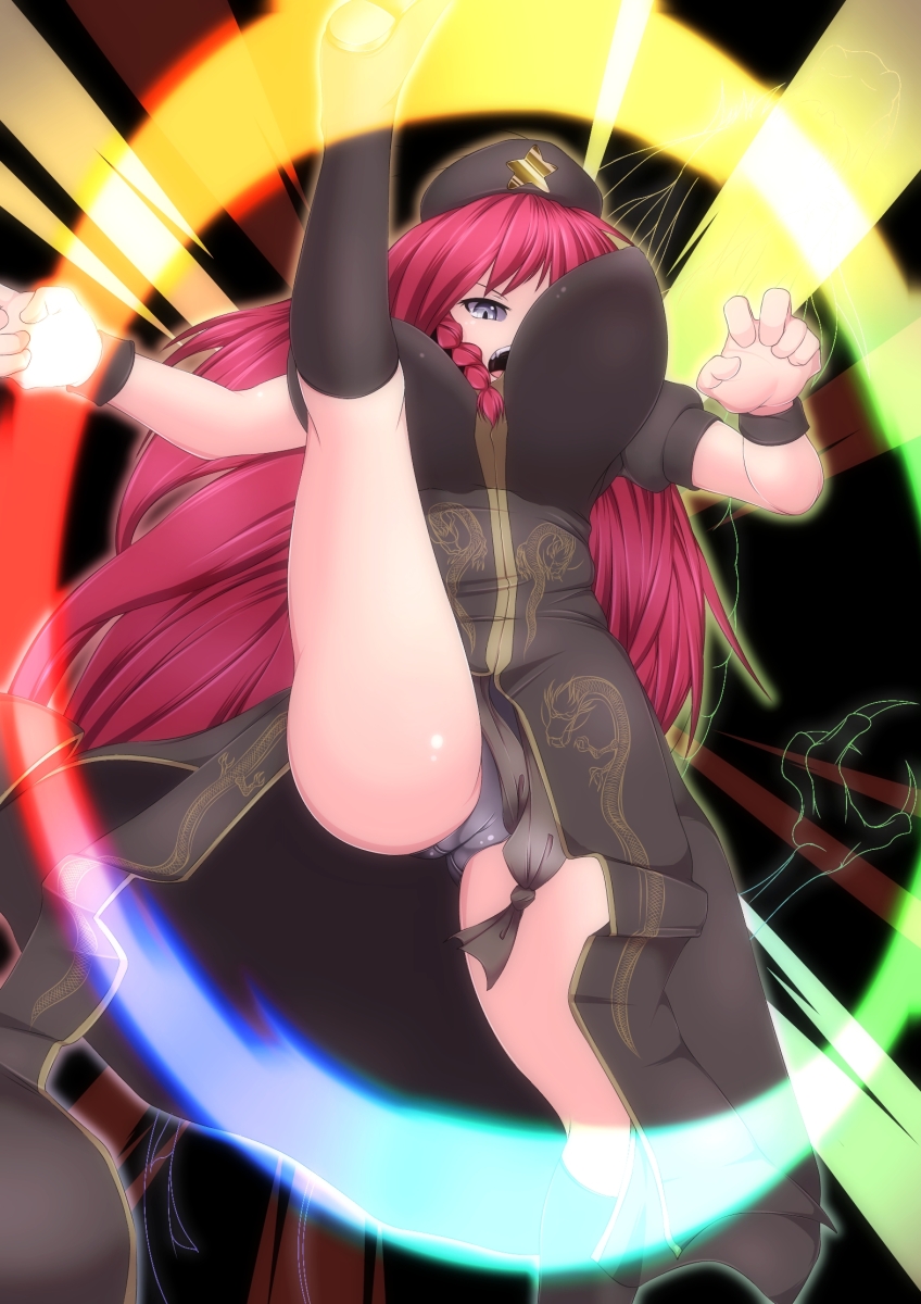 1girl benedicta_(yamamaya4) blue_eyes bouncing_breasts braid breasts cameltoe female_focus genocide_cutter grey_panties hat highres hong_meiling impossible_clothes koumajou_densetsu large_breasts legs long_hair panties pantyshot red_hair solo the_king_of_fighters thick_thighs thighs touhou underwear