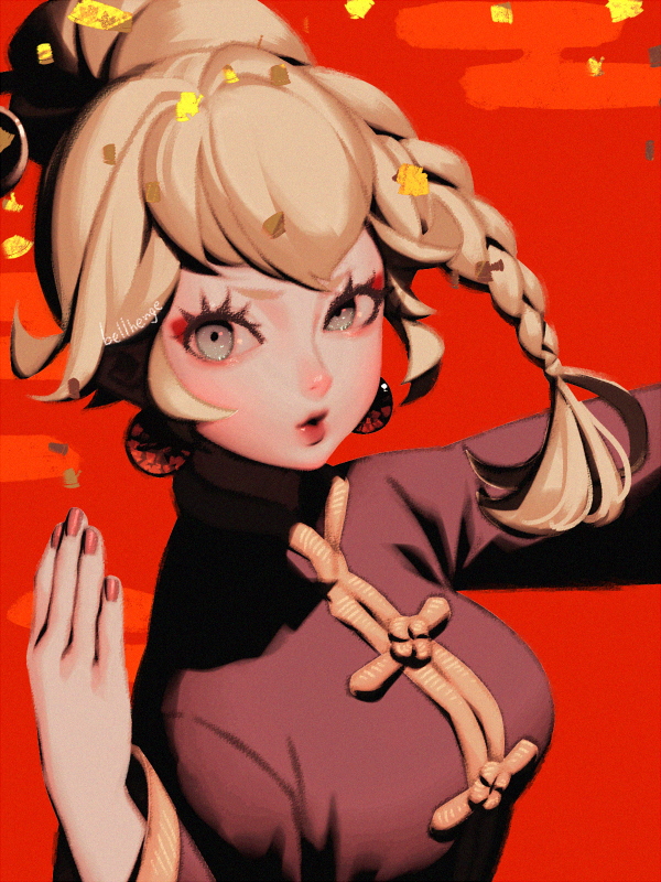 1girl bellhenge blonde_hair blue_eyes braid breasts chinese_clothes earrings fighting_stance jewelry kung_fu_peach long_hair looking_at_viewer mario_(series) nintendo official_alternate_costume official_alternate_hairstyle pink_nails princess_peach princess_peach:_showtime! red_background solo sphere_earrings upper_body