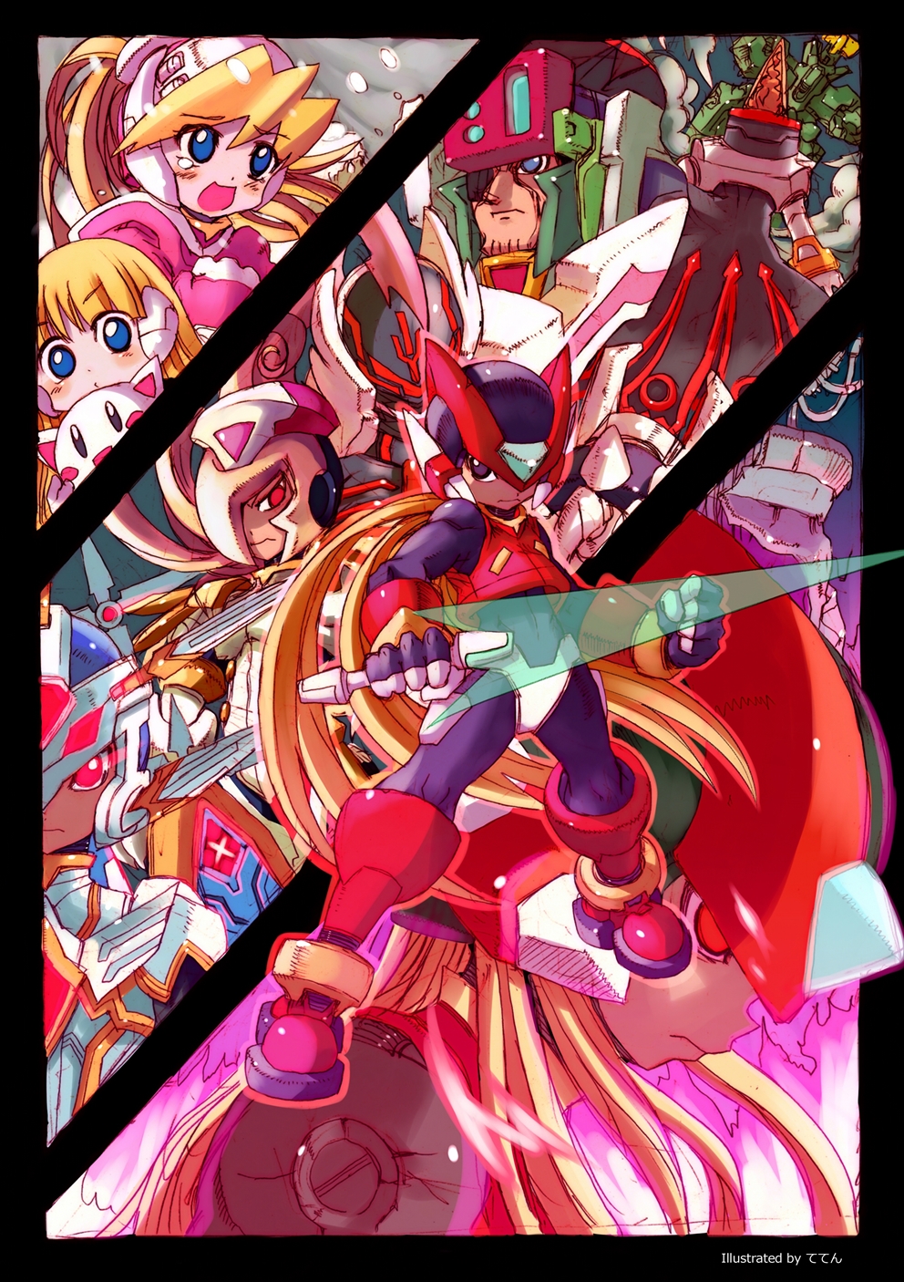 2girls 6+boys alouette_(mega_man) armor artist_name black_border black_eyes blue_eyes blue_helmet blush blush_stickers boots border ciel_(mega_man) clenched_hand copy_x_(mega_man) craft_(mega_man) crop_top dr._weil_(mega_man) elpizo_(mega_man) energy_sword eye_trail forehead_jewel glowing glowing_eyes green_helmet helmet high_ponytail highres holding holding_sword holding_weapon kamiyama_teten light_trail long_hair mecha mega_man_(series) mega_man_zero_(series) mega_man_zero_1 mega_man_zero_2 mega_man_zero_3 mega_man_zero_4 multiple_boys multiple_girls omega_(mega_man) one_eye_covered ponytail red_armor red_eyes red_footwear red_helmet robot robot_ears stuffed_animal stuffed_toy sword weapon white_armor z_saber zero(z)_(mega_man) zero_(mega_man)