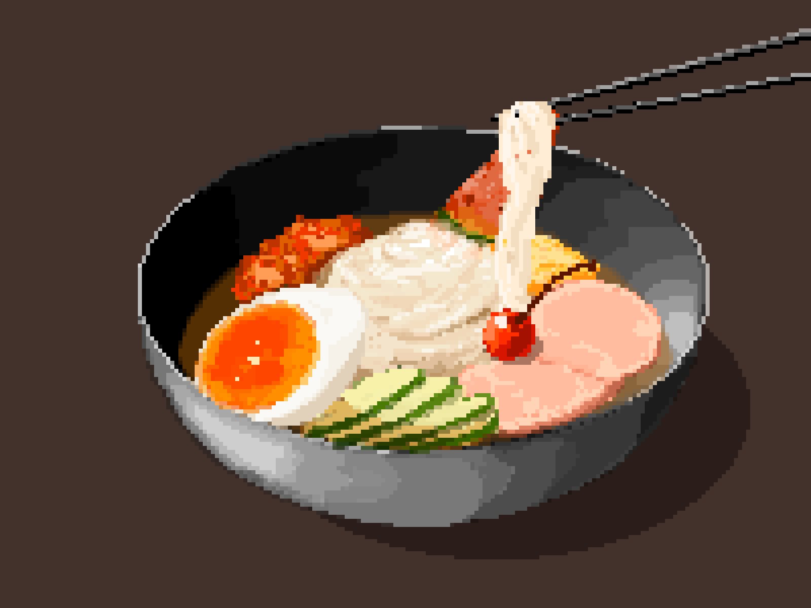 bowl char-siu cherry chopsticks commentary cucumber food food_focus fruit fukujinzuke highres hisachan55cute no_humans noodles original pixel_art simple_background soba softboiled_egg soup steaming_food still_life watermelon