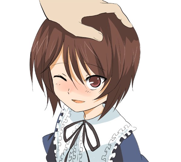 00s 1girl bad_id bad_pixiv_id blush brown_hair head_pat headpat ica one_eye_closed petite portrait rozen_maiden short_hair simple_background smile solo_focus souseiseki upper_body wink