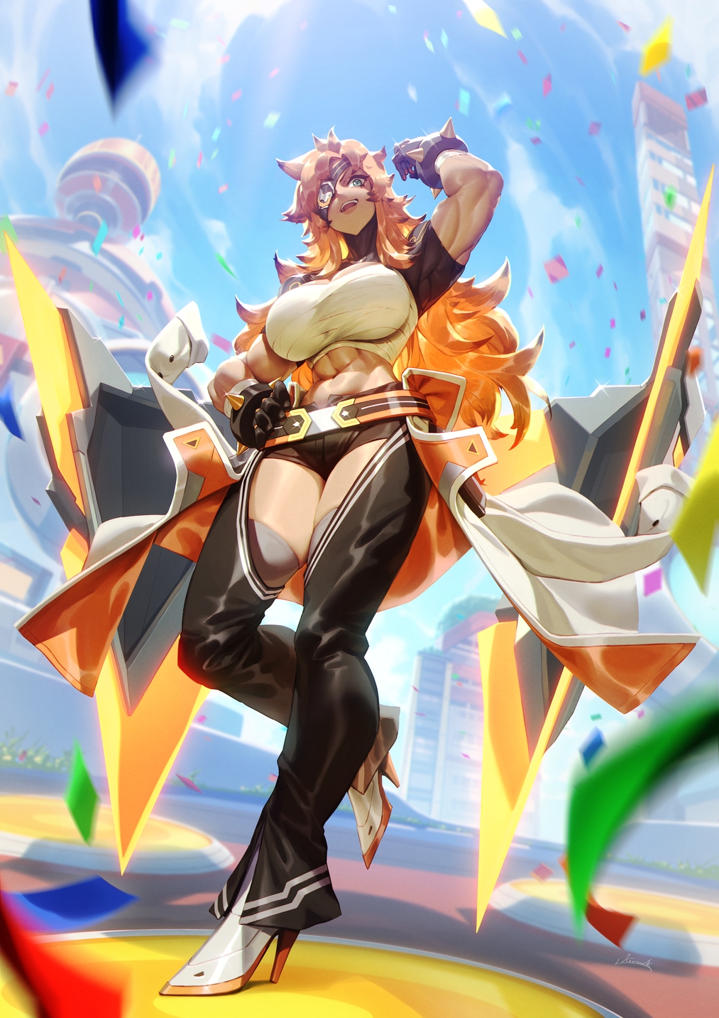 1girl abs arm_up asher_(omega_strikers) belt breasts building chaps chest_sarashi cleavage cloud coat_around_waist commentary_request confetti crotchless crotchless_pants day detached_collar dutch_angle eyepatch from_below full_body gloves green_eyes grey_thighhighs hand_on_own_hip high_heels highres kionaoki large_breasts long_hair muscular muscular_female navel omega_strikers open_mouth orange_hair outdoors pants sarashi sky solo spiked_gloves standing thighhighs