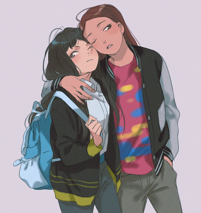 2girls ;( arm_around_neck backpack bag black_eyes black_hair black_jacket blue_bag brown_hair clenched_hand closed_mouth collared_shirt commentary contrapposto cowboy_shot dark-skinned_female dark_skin dress_shirt english_commentary film_grain frown grey_background grey_pants hair_behind_ear half-closed_eyes hand_in_pocket hand_on_another&#039;s_shoulder hand_up head_tilt heads_together height_difference high-waist_pants holding_strap hug jacket lavender_background letterman_jacket long_sleeves looking_at_viewer looking_to_the_side loveariddle multicolored_shirt multiple_girls muted_color nose one_eye_closed open_clothes open_jacket original pants parted_lips puffy_long_sleeves puffy_sleeves shirt shirt_tucked_in short_bangs side-by-side simple_background standing straight_hair unkempt v-shaped_eyebrows white_shirt white_sleeves wing_collar