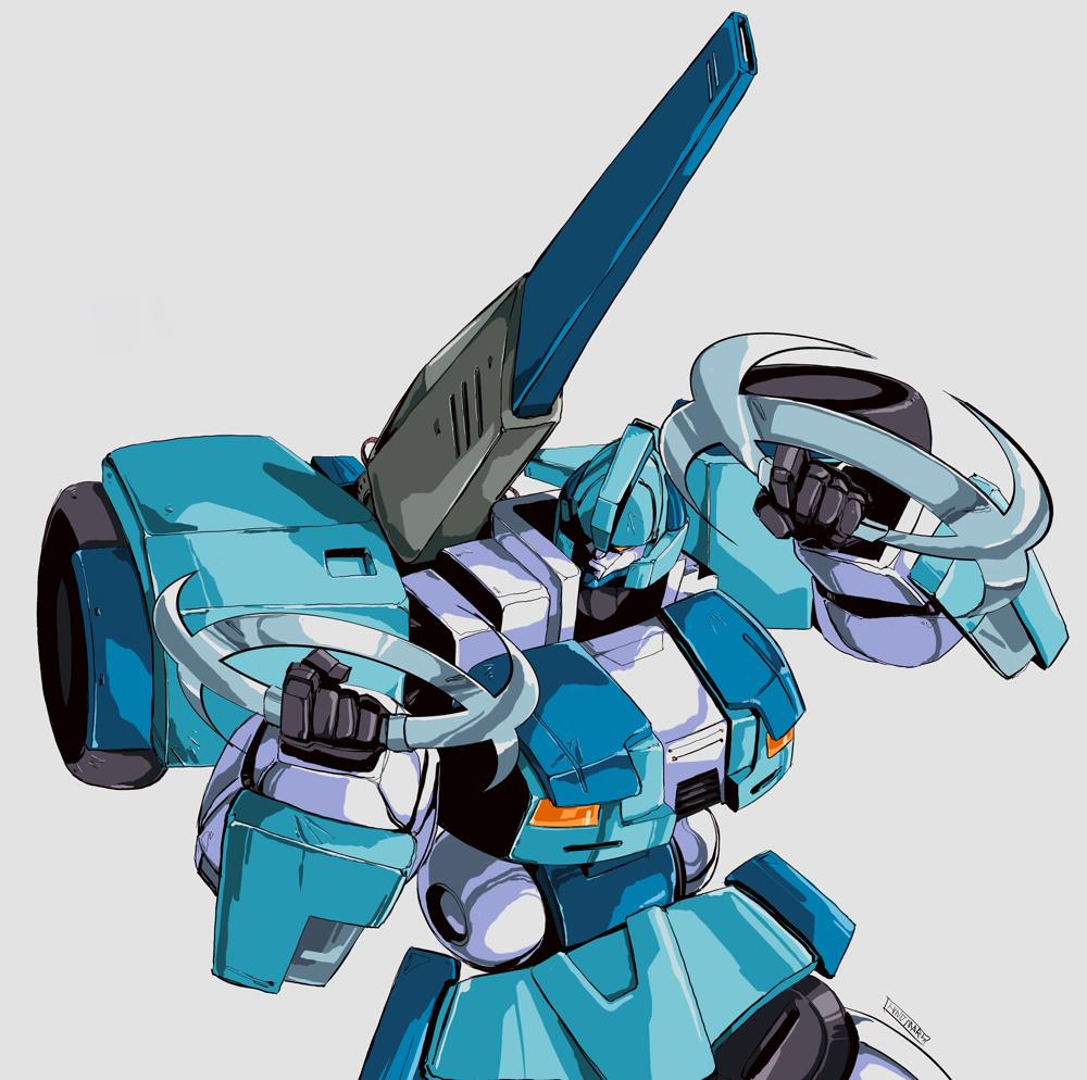 1980s_(style) artist_name commentary english_commentary grey_background hinomars19 holding holding_weapon looking_to_the_side mecha no_humans oldschool orange_eyes original retro_artstyle robot shoulder_cannon solo transformers weapon